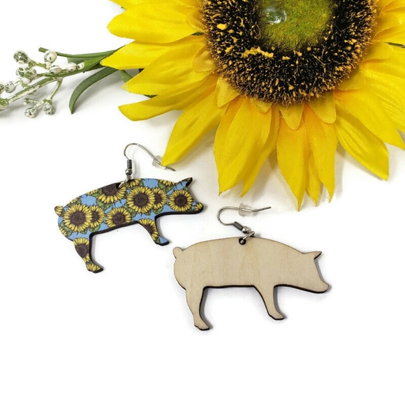 New Sunflower Pig Wooden Earrings - Picture 3 of 4